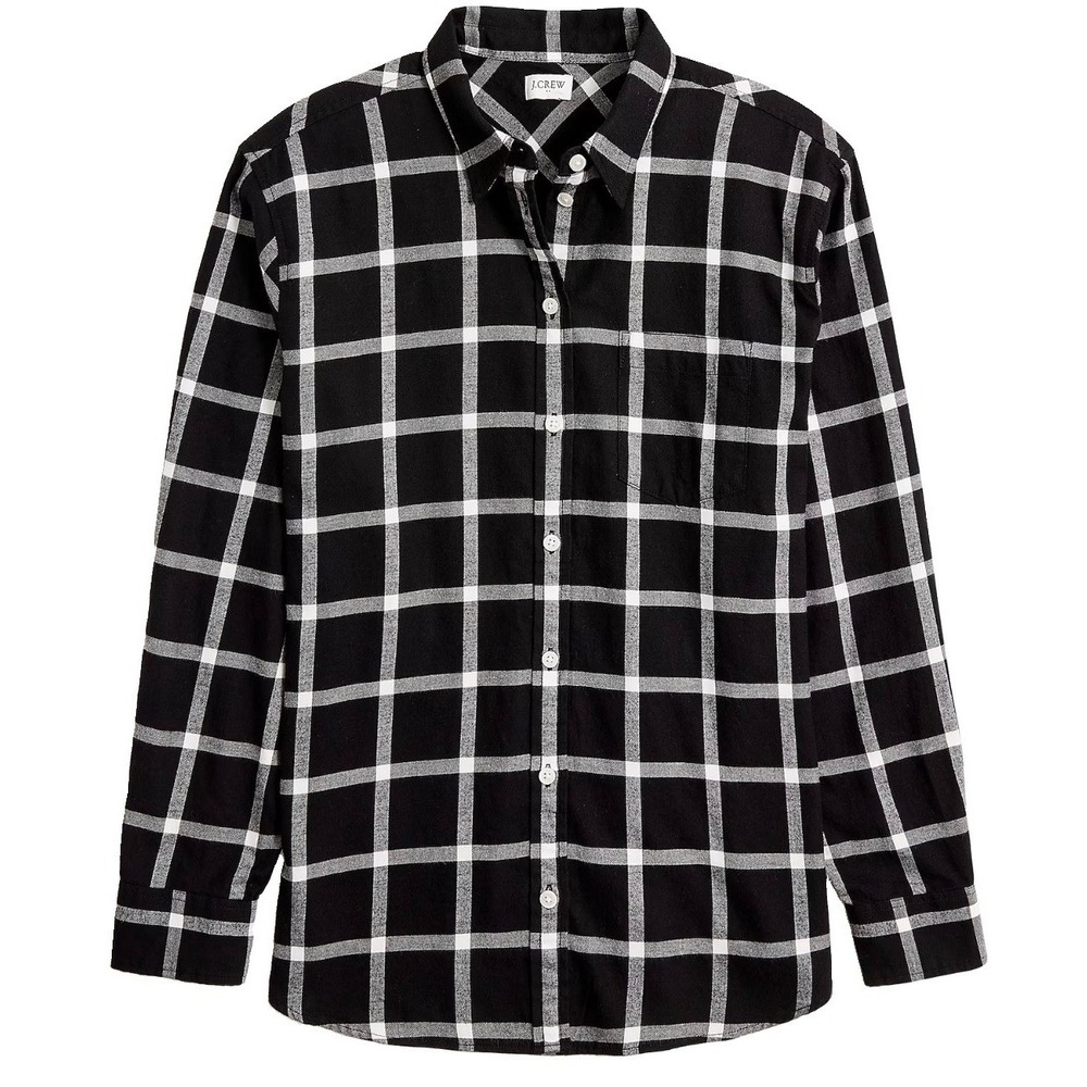 J Crew Women's‎ Button Up Top Large Cotton Window Pane Flannel Plaid Black White